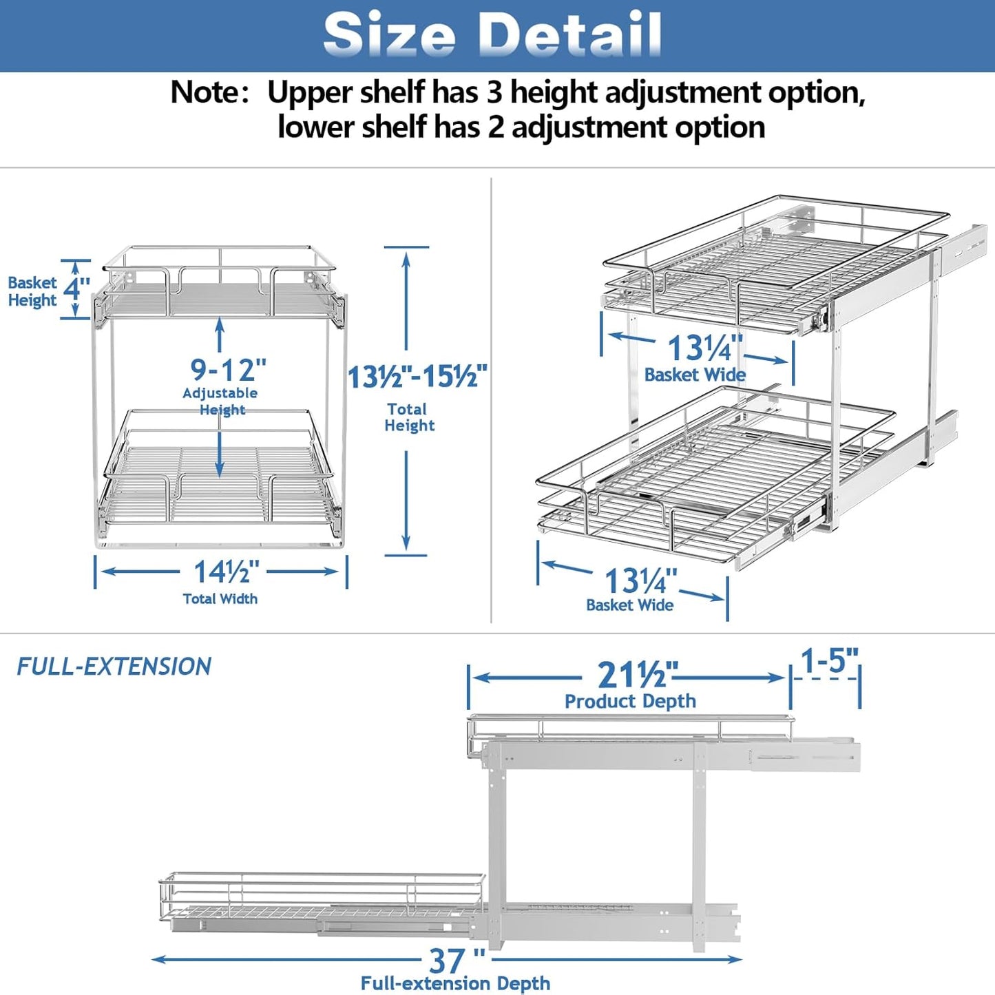 2 Tier Individual Pull Out Cabinet Organizer 14½" W x 21½" D, Heavy Duty Cabinet Pull Out Shelves, Slide Out Drawers Organization for Kitchen Cabinets Bathroom