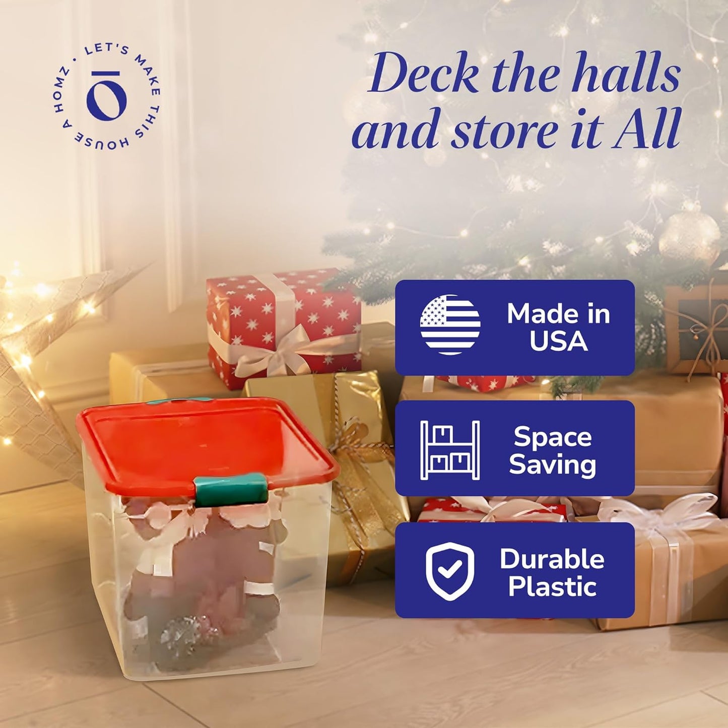 HOMZ 4-Pack Holiday Tote, Plastic Storage Organizer Bins with Lids, 31 Quart, Clear/Red - Stackable Organizing Containers for Home, Garage, and Office