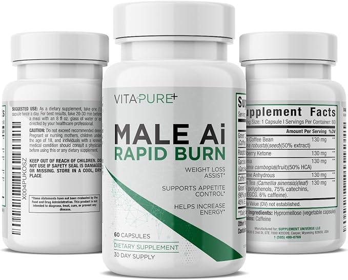 Male Ai Rapid Fat Burner for Men | Supports GLP-1 Pathway Function for Weight Loss | Appetite Suppressant, Energy Booster, Diet Pills | 3rd Party Tested Formula - 60 Capsules