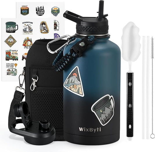 64 oz Insulated Water Bottle with Straw (Cold for 48 Hrs), Half Gallon Stainless Steel Triple Wall Vacuum Sports Water Jug, Leakproof Hydro Cup Flask with Straw Spout Lids & DIY Stickers