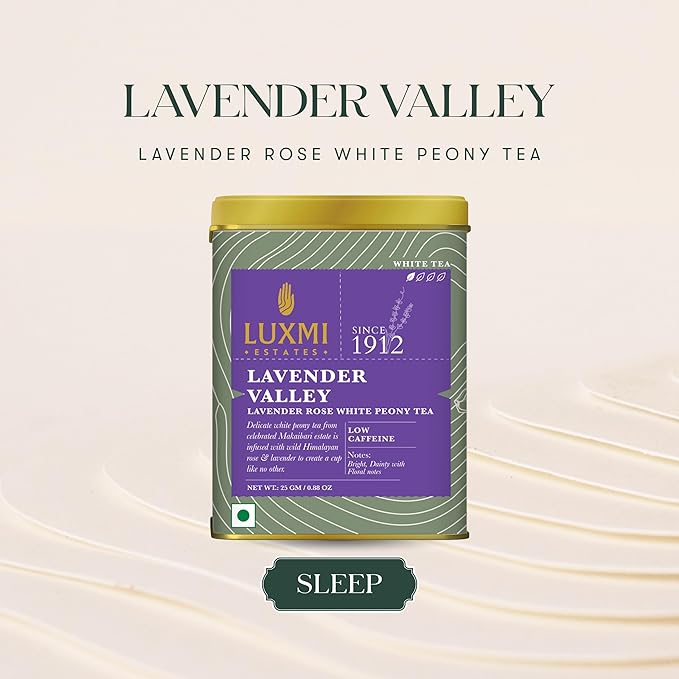 Luxmi Estates Lavender Valley Organic Loose Leaf Tea, (25g) Darjeeling Makaibari White Tea, Low Caffeine, Sleep Function Tea