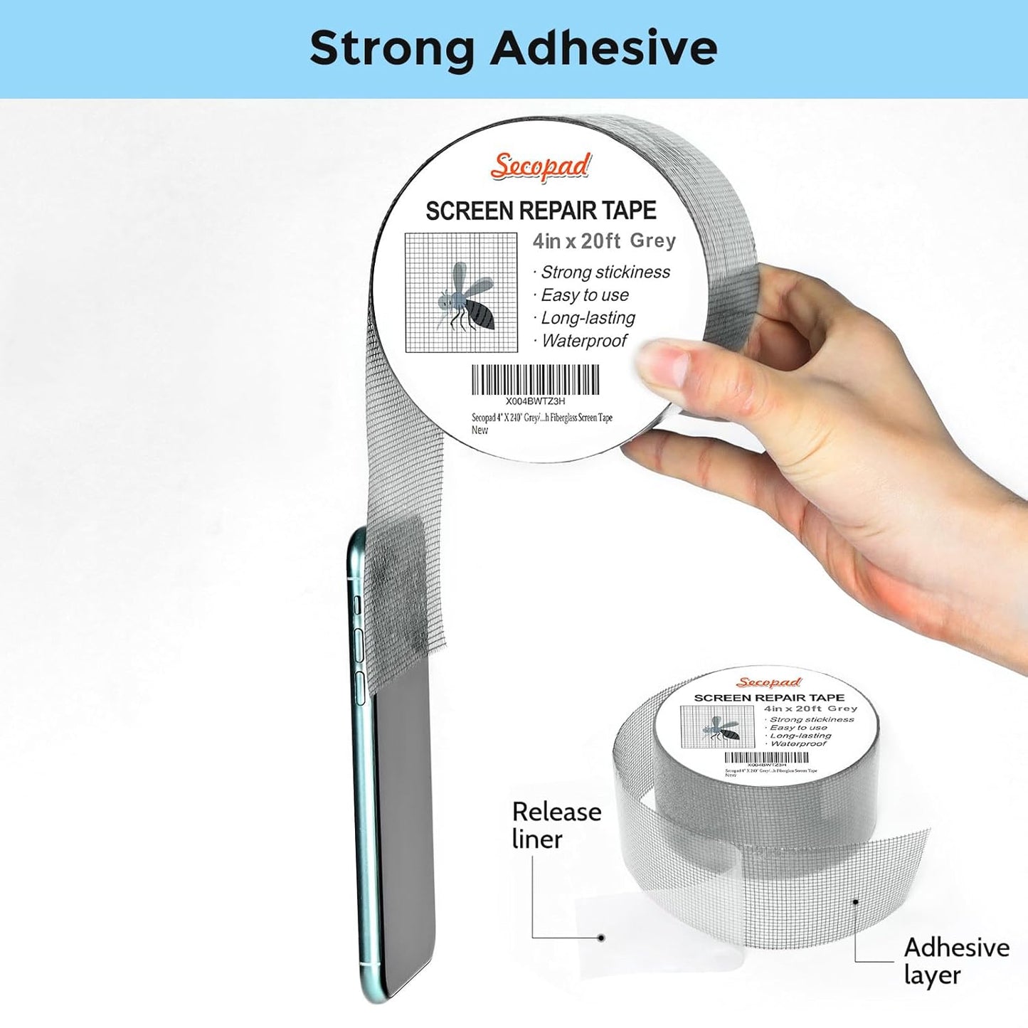 Grey Window Screen Repair Tape, 4IN X 20FT (240IN) Screen Repair Kit for Windows or Doors, Strong Adhesive Patch Kit Fiberglass Mesh Tape