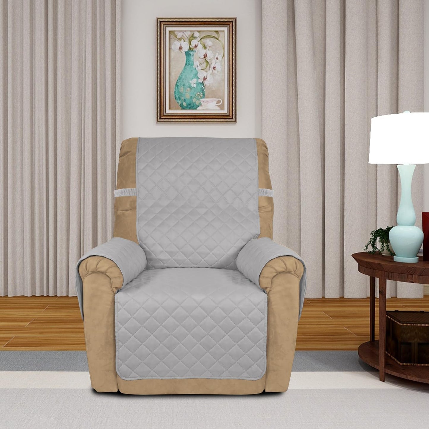 PureFit Reversible Quilted Sofa Cover, Water Resistant Slipcover Furniture Protector, Washable Couch Cover with Non Slip and Elastic Straps for Kids, Dogs (Small Recliner, Light Gray/Light Gray)