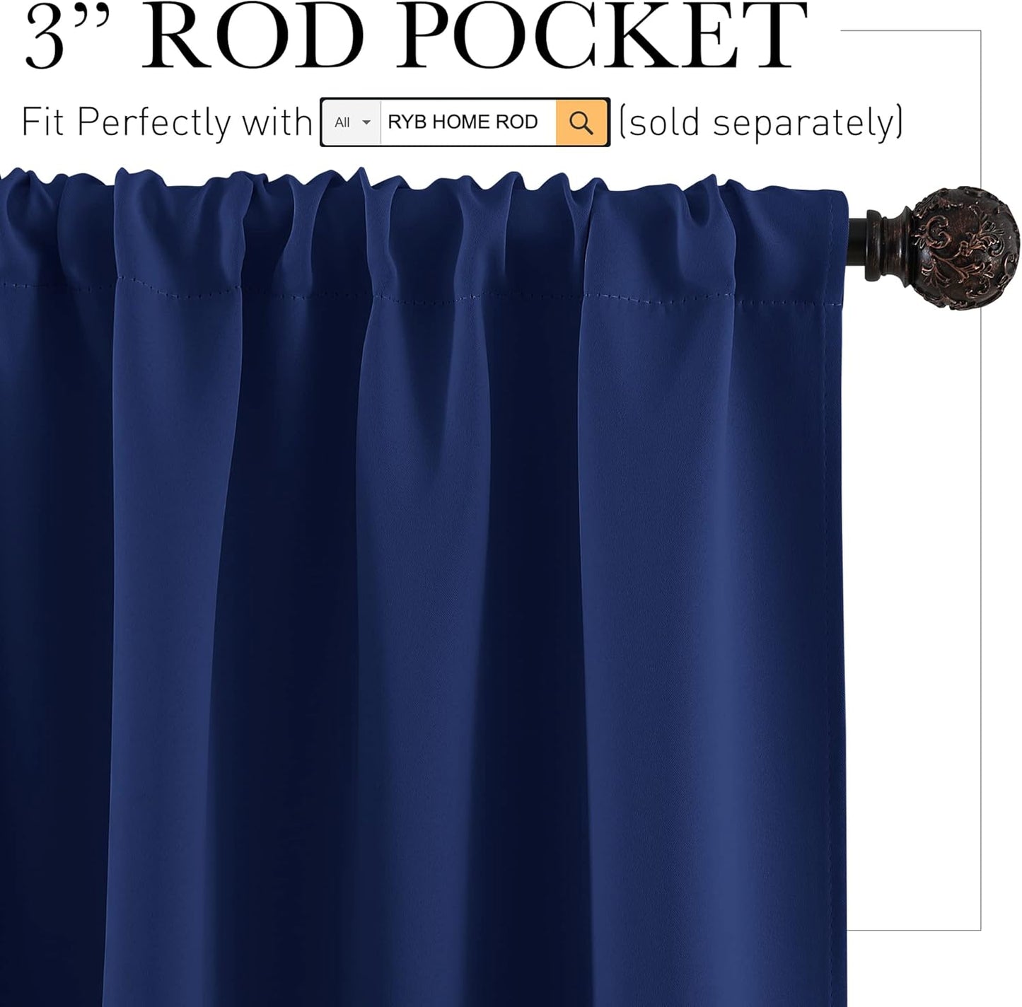 RYB HOME Kitchen Curtains Blackout Half Window Short Drapes for Bathroom Bedroom Small Window Covering, 29 inch Wide x 24 inch Long per Panel, Marine Blue, 2 Panels