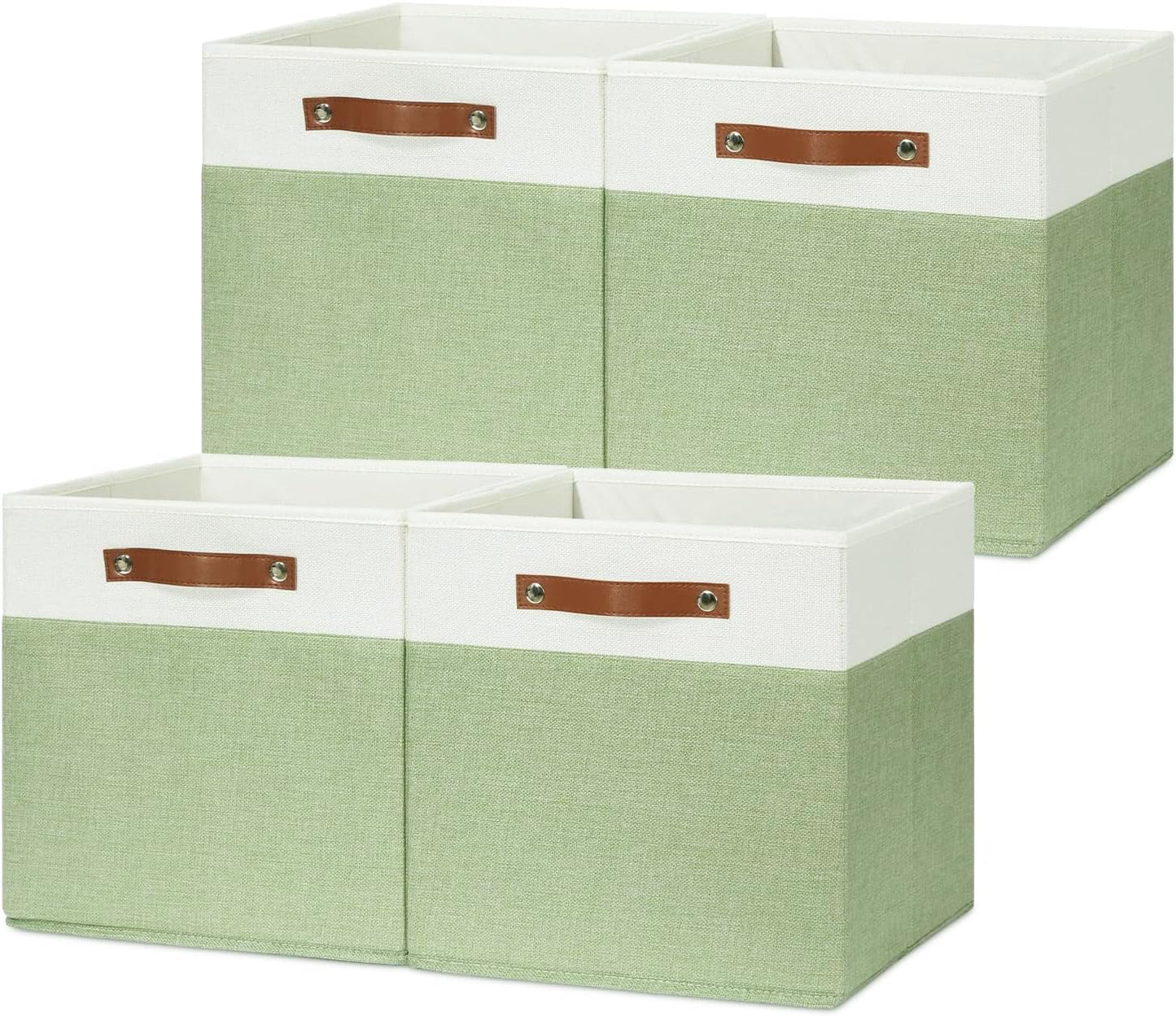 HNZIGE Fabric Cube Storage Bins 13x13 Set of 4 Canvas Storage Baskets for Shelves Collapsible Storage Bins for Organizing Clothes Closet Toy Nursery Cubby(Green&White)