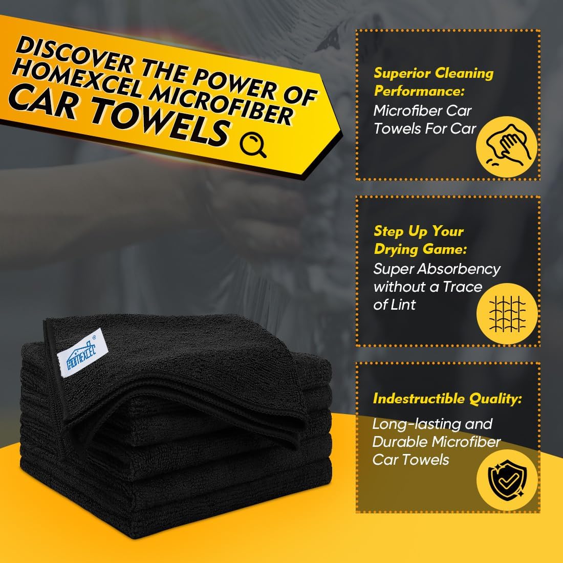 HOMEXCEL Black Microfiber Cleaning Cloth 6 Pack, 12.5 x 12.5 inch Microfiber Towels for Cars, Ultra Absorbent Car Washing Cloth, Lint Free Streak Free Cleaning Rags for Car, Kitchen, and Window