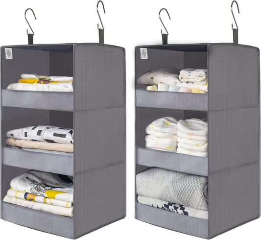 GRANNY SAYS 3-Shelf Closet Organizers and Storage, Foldable Hanging Closet Organizer, Hanging Closet Shelves with 2 Metal Hooks, Leak-Proof Closet Hanging Organizer for Locker & Camper, Gray, 2-Pack