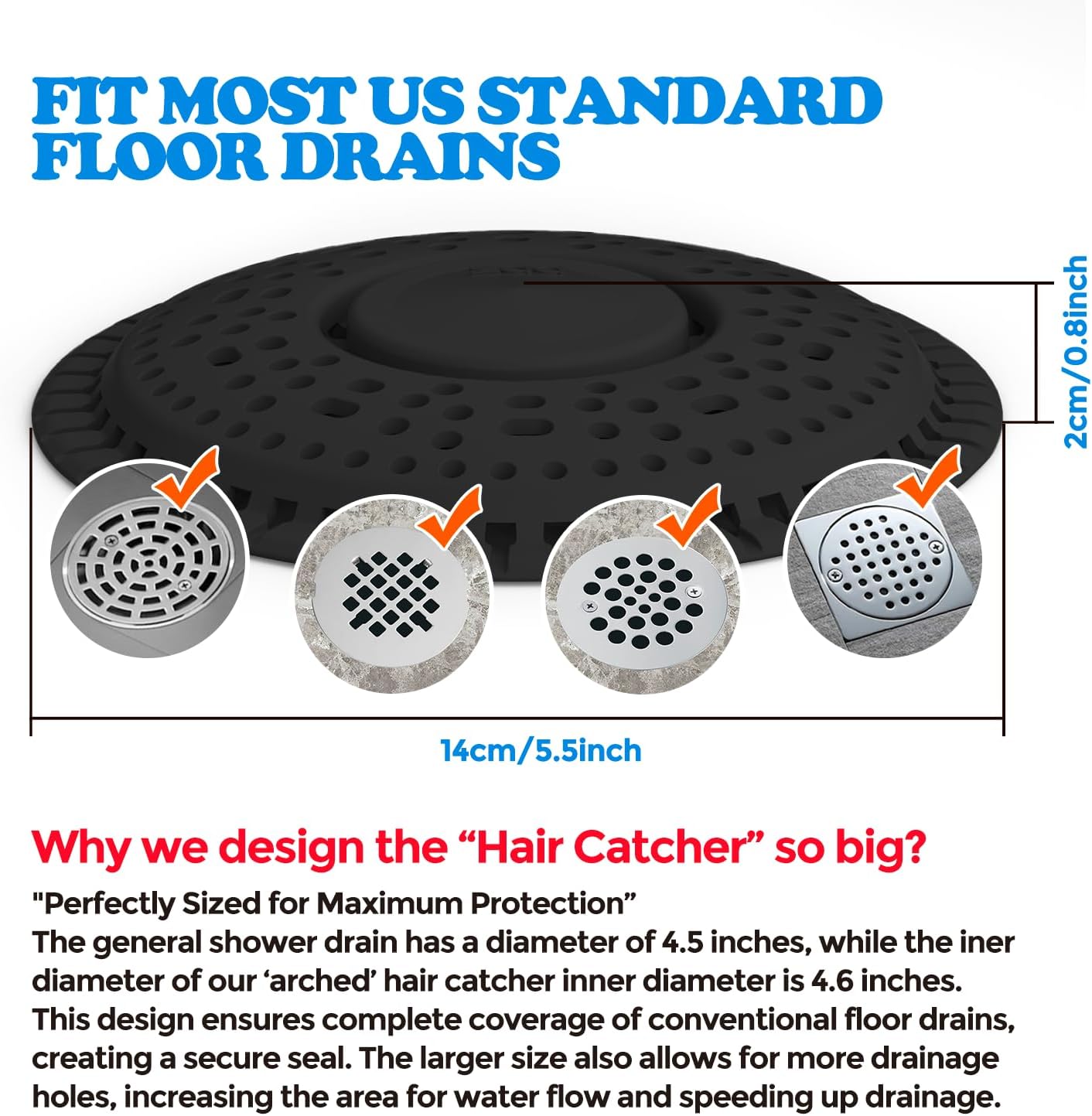 zaa Shower Drain Hair Catcher, Upgraded 2Pack Premium Silicone Drain Protector & Shower Drain Cover for Regular Floor Drains of Shower Room, Bathroom, Black