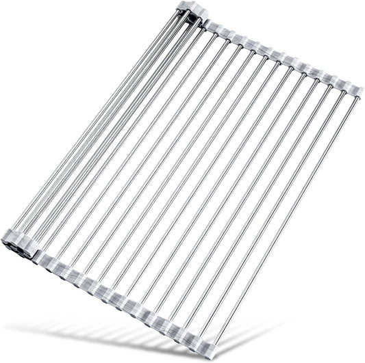 Tomorotec Stainless Steel Roll-Up Dish Drying Rack Marble Color Silicone Edges, Foldable Kitchen Rack Heat Resistant Trivet Supports up to 70 lbs, Food Safe for Dishes, Cookware & More