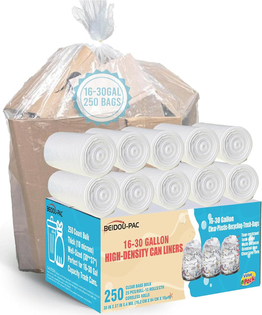 16-18-20-30 Gallon Trash Bags, 250 Count Bulk, Clear Plastic Recycling Bags, Multi-purpose Garbage Bags Can Liners for Business Home Kitchen Commercial and Industrial
