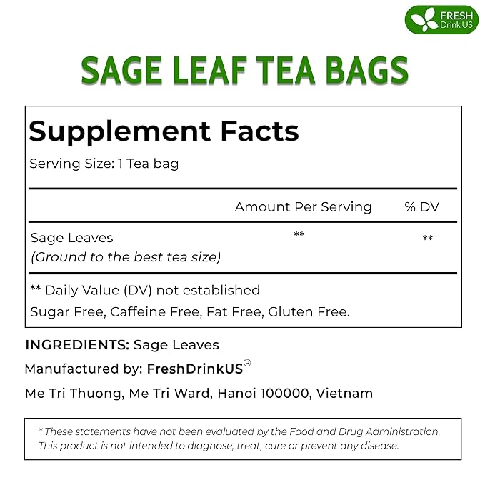 FreshDrinkUS, Premium 35 Sage Leaf Tea Bags, 100% Natural & Pure from Sage Leaves. Loose Leaf Sage Herbal Tea. Made with Natural Material Tea Bags. No Sugar, No Caffeine, No Gluten, Vegan.