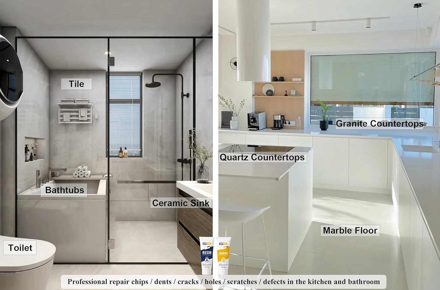 Tub, Tile and Shower Repair Kit (Color Match), Hupeyna Porcelain Repair Kit, Bathtub Repair Kit for Chips Dents Cracks Holes Scratchs, etc. Fiberglass Repair Set - Offer More Color Options