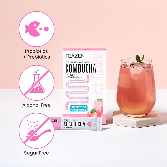 TEAZEN Peach Kombucha Tea, Hydration Drink Mix, Sugar Free, Live Probiotics & Prebiotics, 10 Sticks, 1.76oz