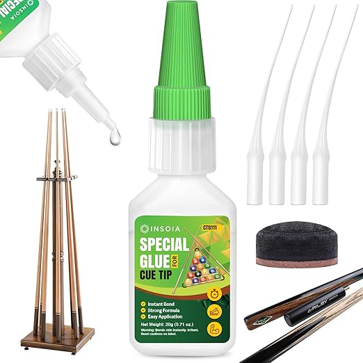 Pool Cue Tip Glue, 20g Clear Billiard Cue Adhesive for Pool Stick Repair & Tip Replacement, Heavy Duty Super Adhesive for Snooker Cue, Pool Cue Accessories - No Tip Clamp Needed