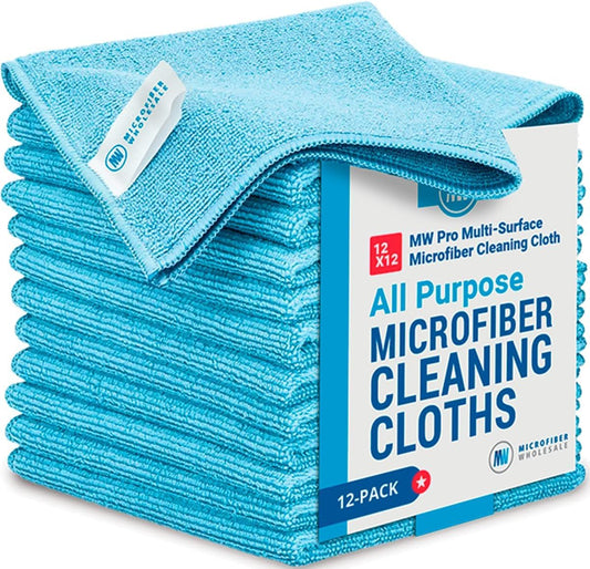 12" x 12" MW Pro Multi-Surface Microfiber Cleaning Cloths | Blue - 12 Pack | Premium Microfiber Towels for Cleaning Glass, Kitchens, Bathrooms, Automotive, Supplies & Products