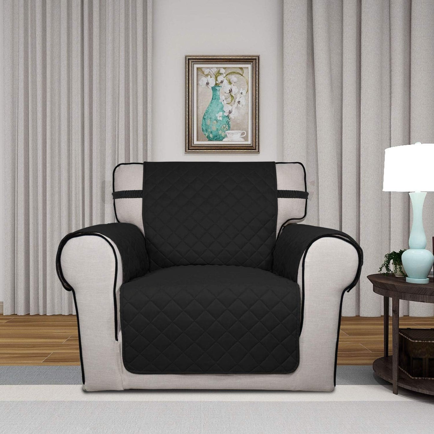 PureFit Reversible Quilted Sofa Cover, Water Resistant Slipcover Furniture Protector, Washable Couch Cover with Non Slip and Elastic Straps for Kids, Dogs, Pets (Chair, Black/Beige)