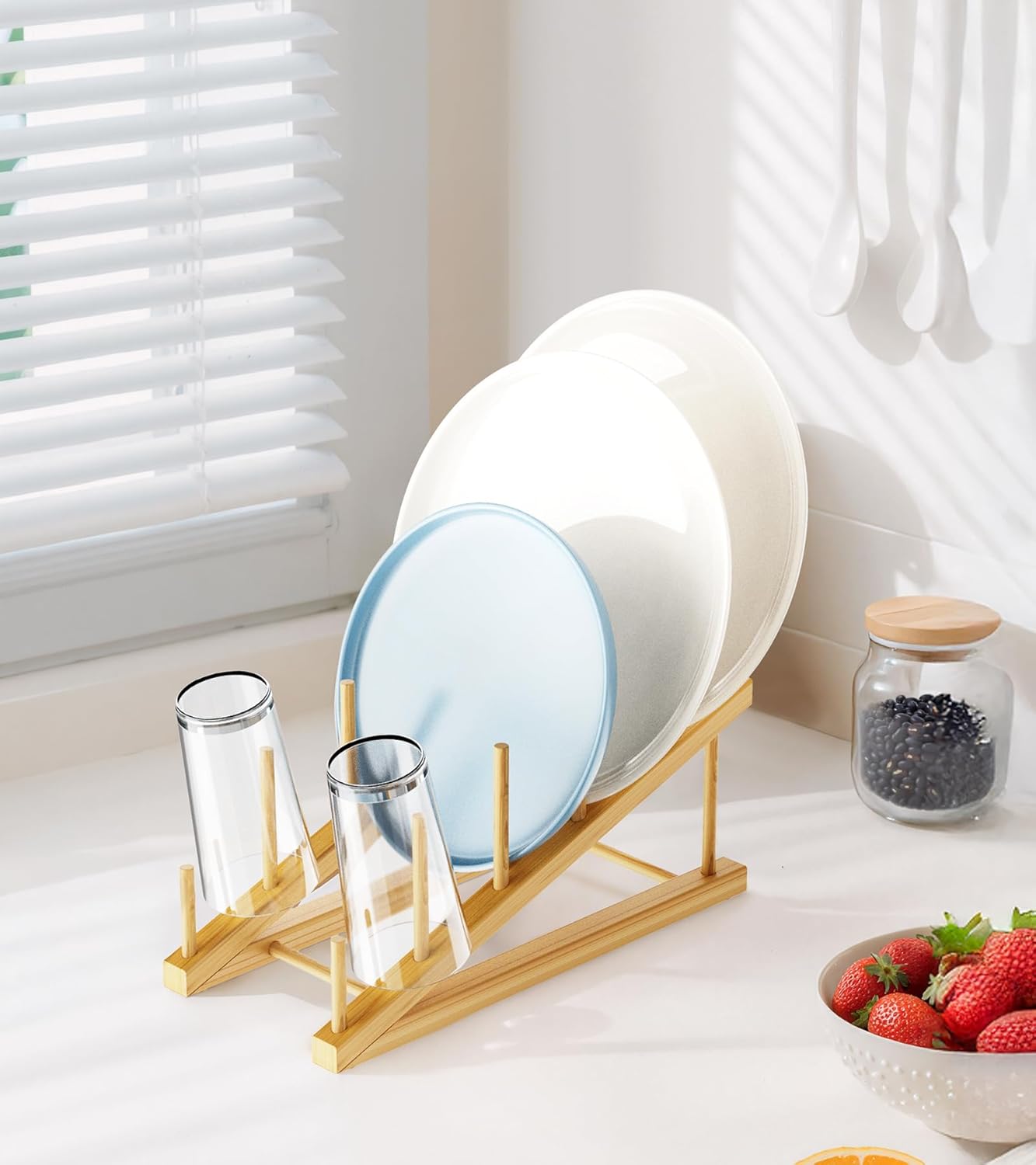 2-Pack Bamboo Dish Drying Rack, 5 Slots Kitchen Organizer Craft Show Display Stand for Holds Plates, Cups, Cutting Boards, Pot Lids, Canvas, Books, Records and Magazine