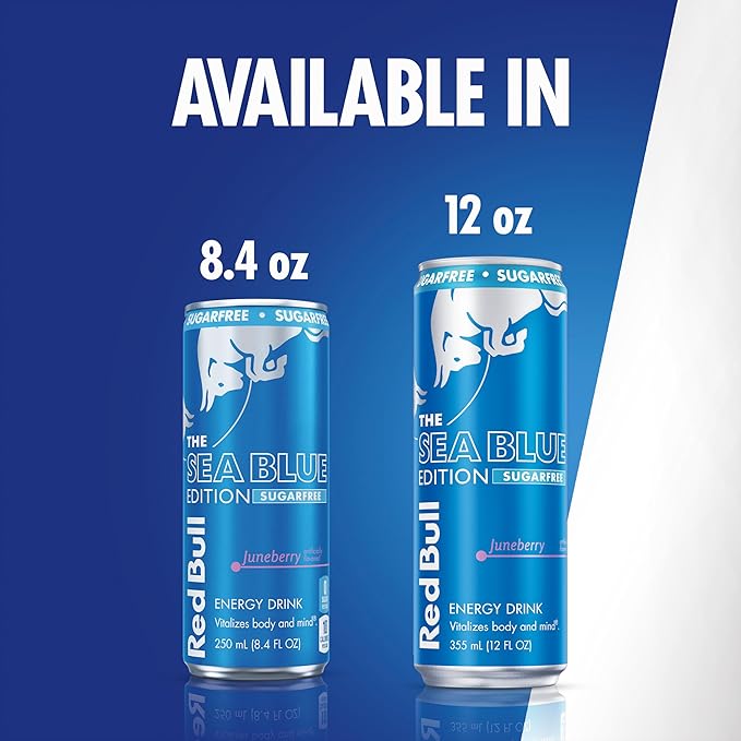Red Bull Sea Blue Edition Sugar Free Energy Drink, Juneberry,12 fl. oz., Pack of 4 cans, with 114mg Caffeine, Taurine & B Vitamins