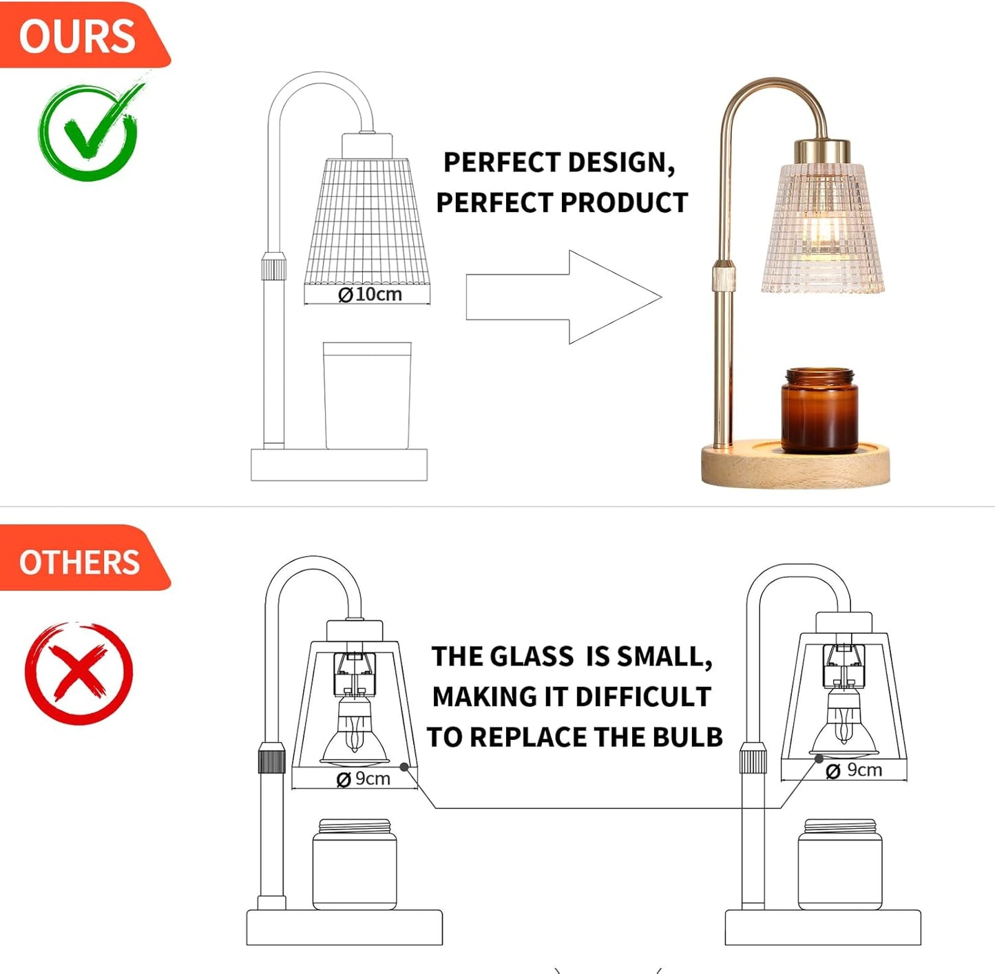 Gold Candle Warmer Lamp with Timer and Dimmer,Fragrance Electric Wax Melt Warmer with 2 Bulbs,Scented Jar Lamp,Mother's Day/Birthday/Christmas Gifts for Mom/Wife,Home Decor,Adjustable Height