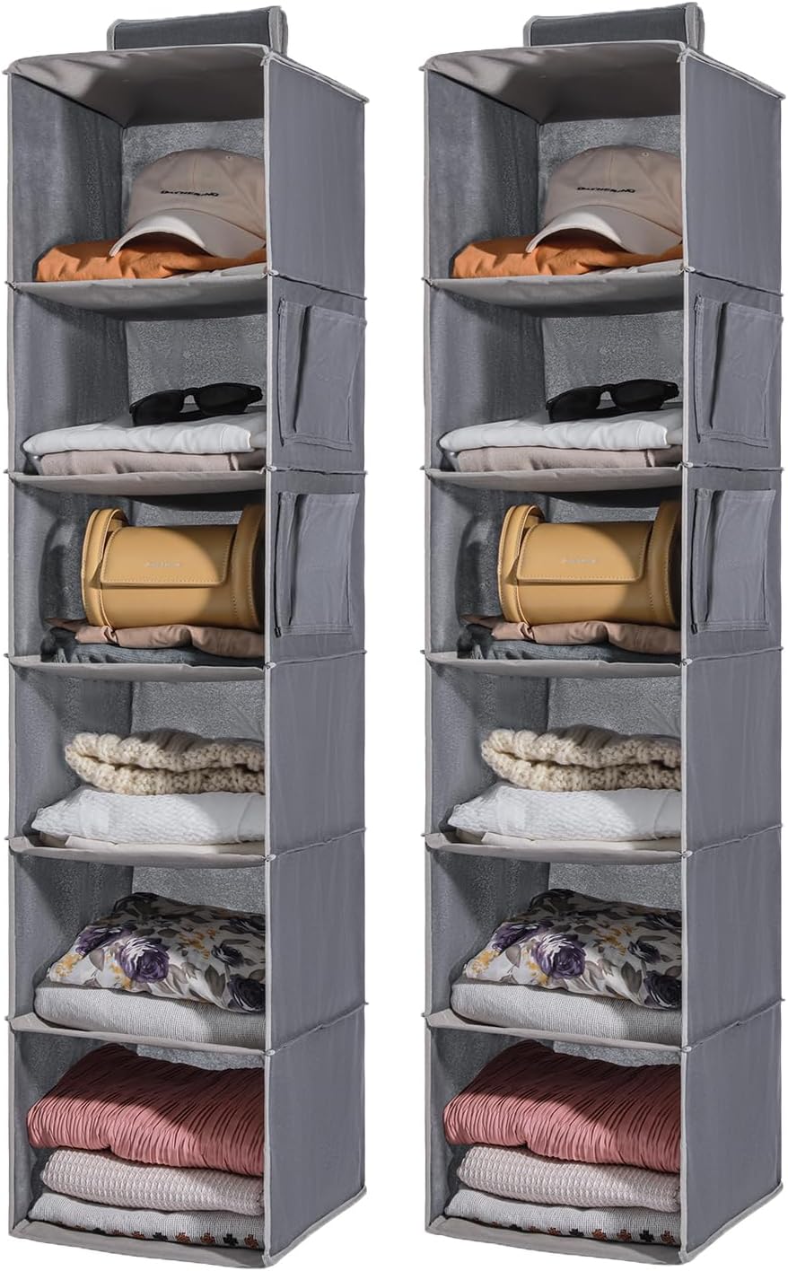 2 Packs Hanging Closet Organizer Storage, 6-Shelf Hanging Shelves for Closet, Closet Clothes Organizer and Storage with Side Pockets, Grey