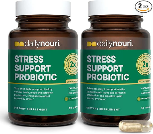Nouri Daily Stress Support Probiotic for Women & Men | Supports Cortisol Management, Stress Relief, Mood, Digestion & Gut Health | 3 Clinically Studied Strains + Vegan Omega Oil | 30-Day Supply