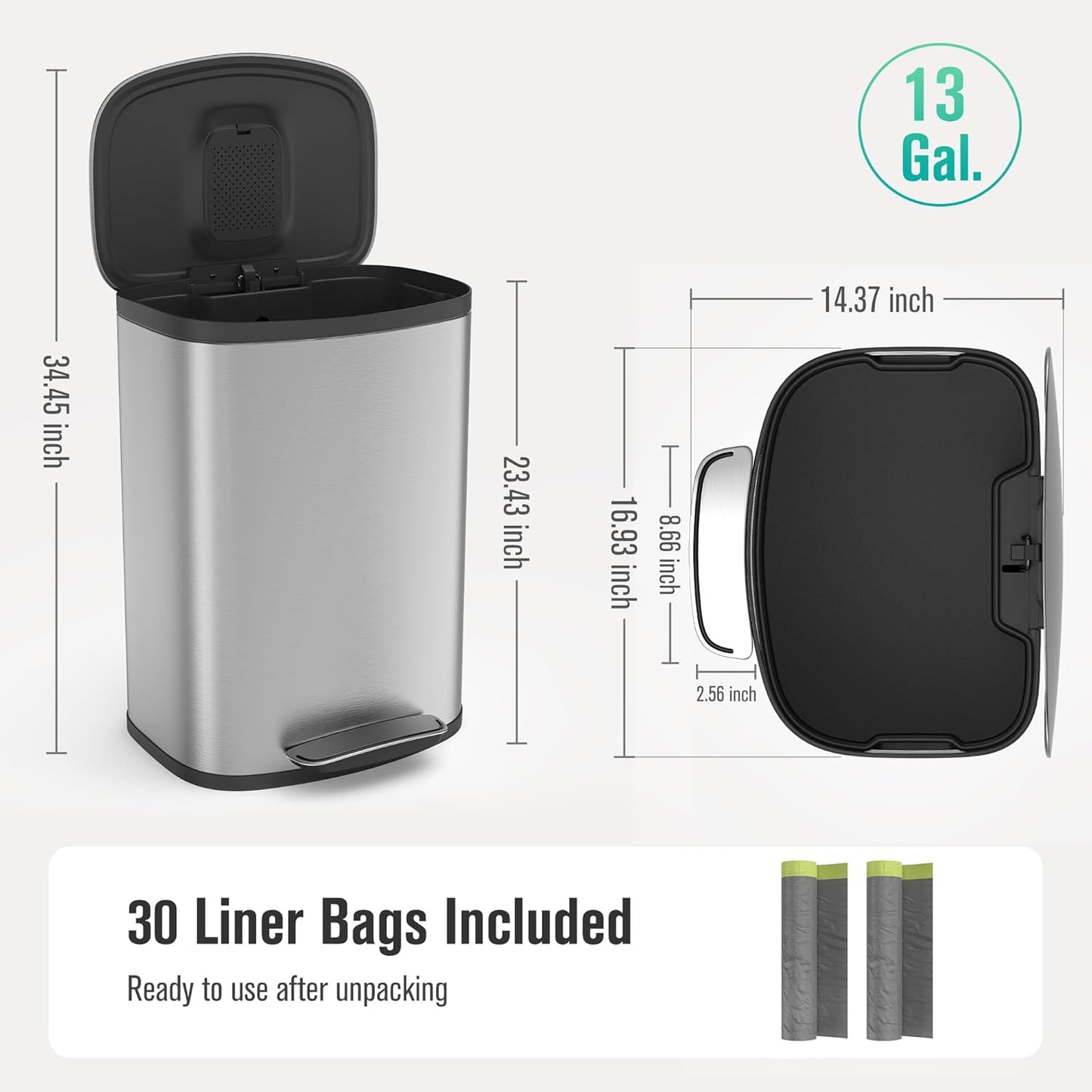 13 Gallon Stainless Steel Foot Pedal Large Trash Can with Soft Close Quiet Curved Surface Top Lid and Deodorant Storage Space, with 30 Garbage Bags for Kitchen/Home/Office Trash can and More - Silver