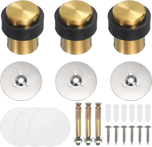 PATIKIL 3Set Round Door Stoppers, 46mm Stainless Steel Door Stop Doorstop Wedge Metal Cylinder Self Adhesive with Screw for Bottom of Door Floor Inside, Gold Tone