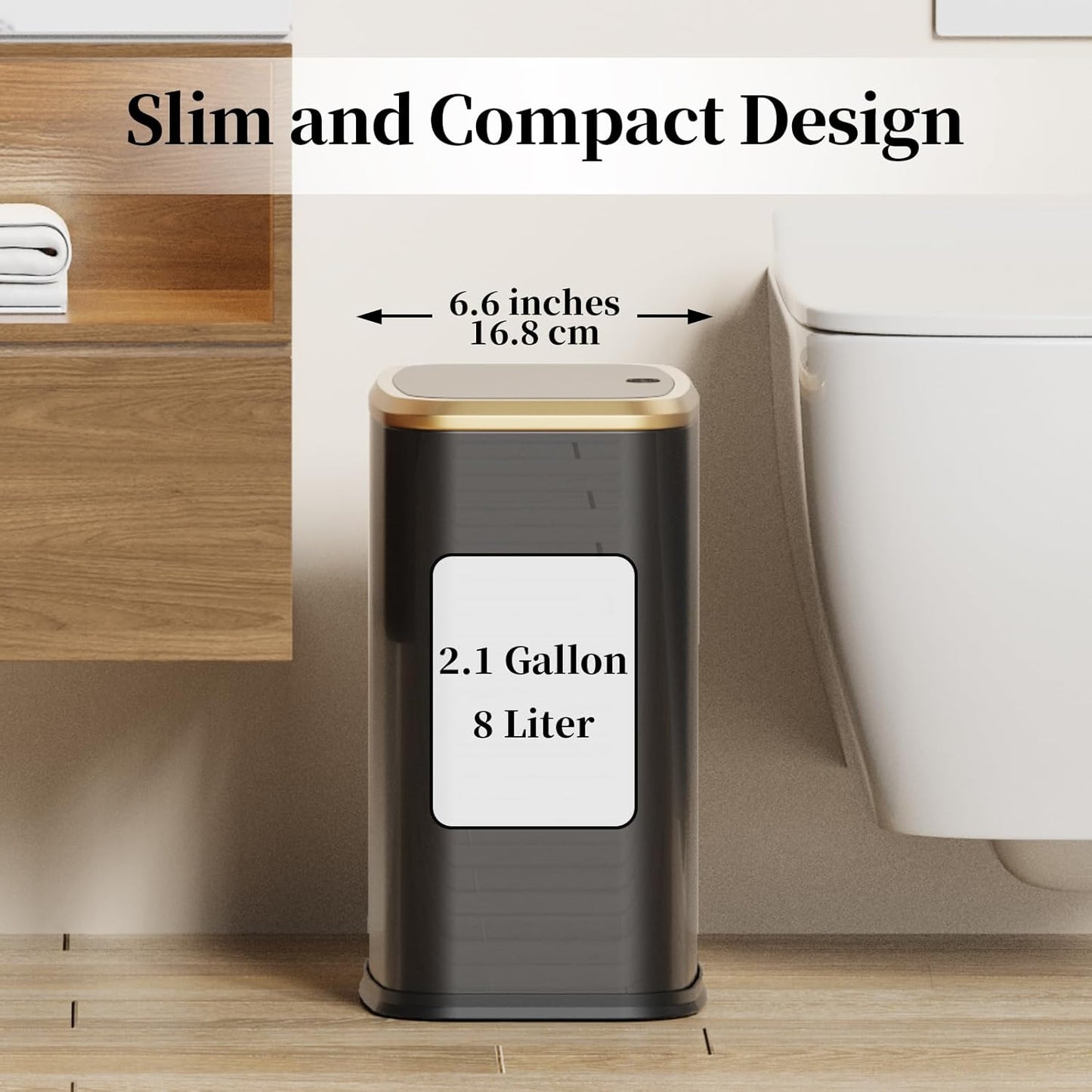 2.1 Gallon Bathroom Trash Can with Lid Press Top, 8 Liter Stainless Steel Garbage Can with Press Type Lid, Slim Trash Bin Waste Basket for Toilet, Office, Bedroom (Titanium Black)