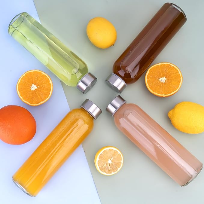Sursip 24oz Glass Water Bottle Set of 6, Leak Proof Clear glass juice bottle for juicing, Reusable Drinking Bottles with Stainless Steel Lid, Beverage Storage Containers for Refrigerator-BPA Free