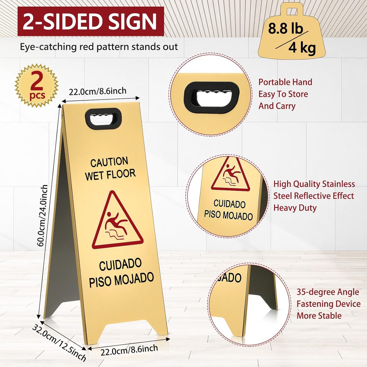 2 Pcs 24 Inch Stainless Steel Wet Floor Sign, Heavy Duty Caution Wet Floor Sign Double Sided Portable Foldable Bilingual Safety Warning for Restaurant Restroom Office Avoid Fall (Gold)
