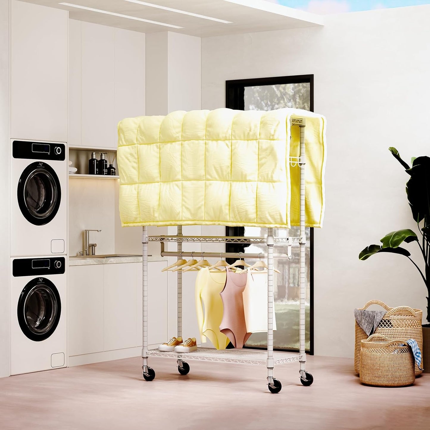 Heavy Duty Rolling Garment Rack 3 Tiers Adjustable Wire Shelving Clothes Rack with 2 Rods and Side Hooks,Storage Closet Clothing Rack with Wheels White 15.7" D x 29.5" W x 74.5" H