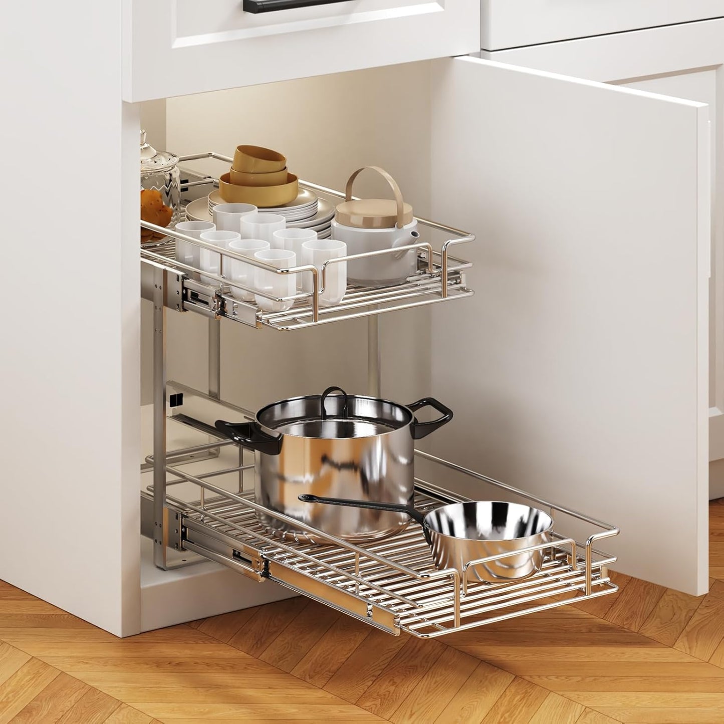 2 Tier Individual Pull Out Cabinet Organizer 10½" W x 18" D, Heavy Duty Cabinet Pull Out Shelves, Slide Out Drawers Organization for Kitchen Cabinets Bathroom
