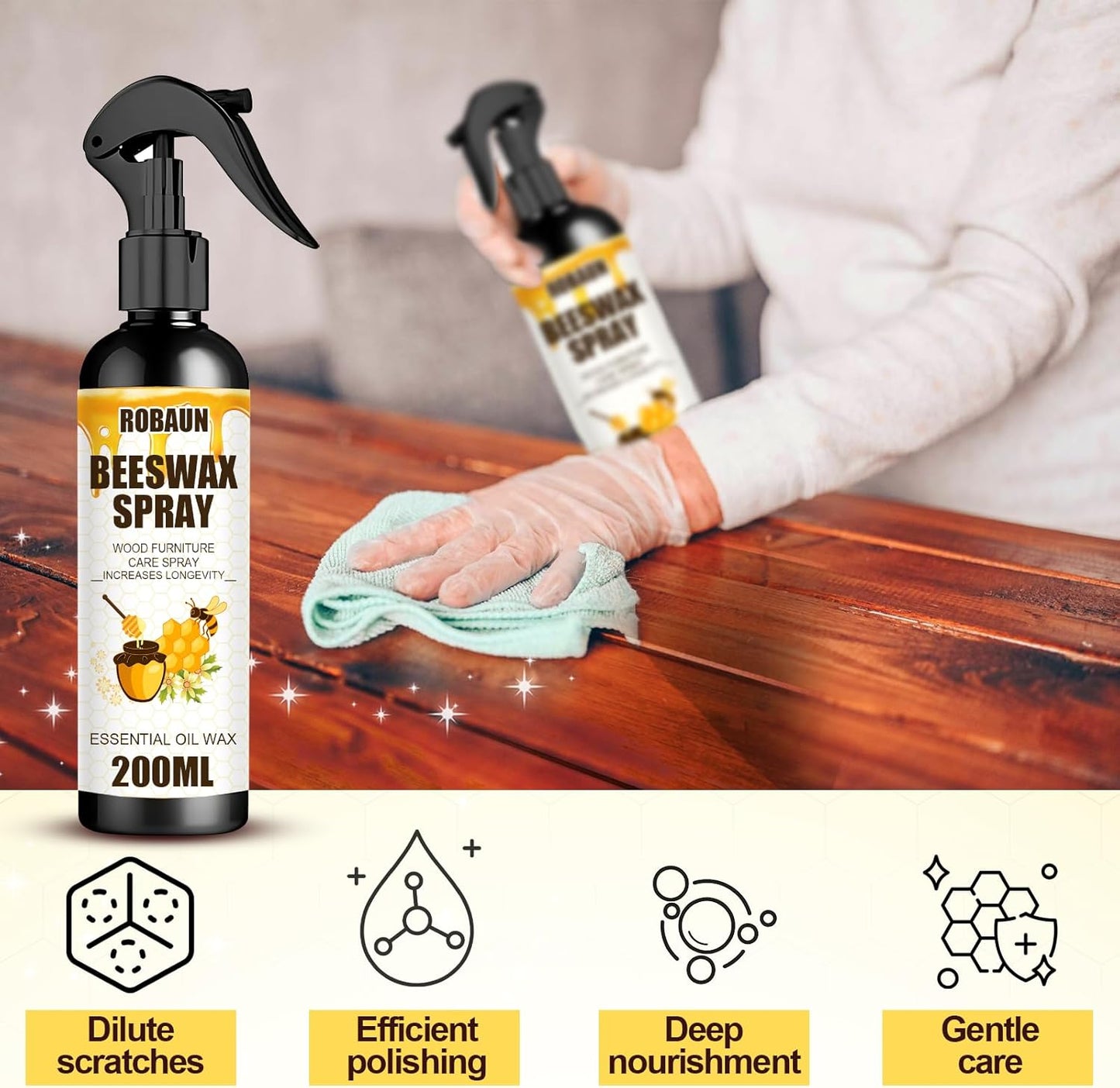 Beeswax Spray Furniture Polish, Wood Cleaner, Wood Floor Polish - For Living Room, Kitchen and Wooden Furniture Floors (Pack of 2) 200 ml