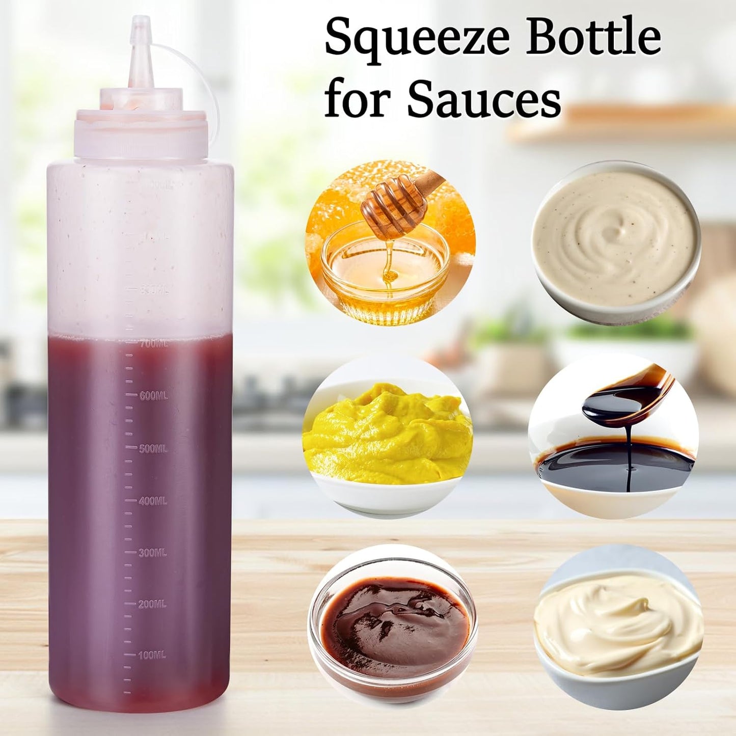Condiment Squeeze Bottles Ketchup Dispenser, 4 Pack 32oz Squeeze Bottles for Liquids, Plastic Sauce Bottle with Cap Lid, Squirt Bottles for Sauces Liquids BBQ Dressing Pancake Art