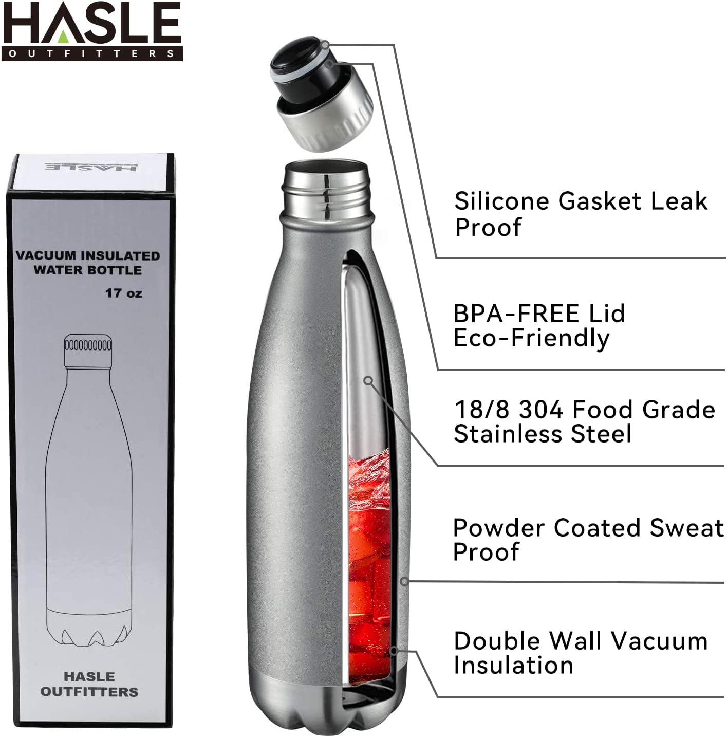 HASLE OUTFITTERS 17oz Stainless Steel Water Bottles, Vacuum Insulated Water Bottles Double Walled Reusable Metal Sports Water Bottles Keep Drinks Hot and Cold, Gray, 1Pack