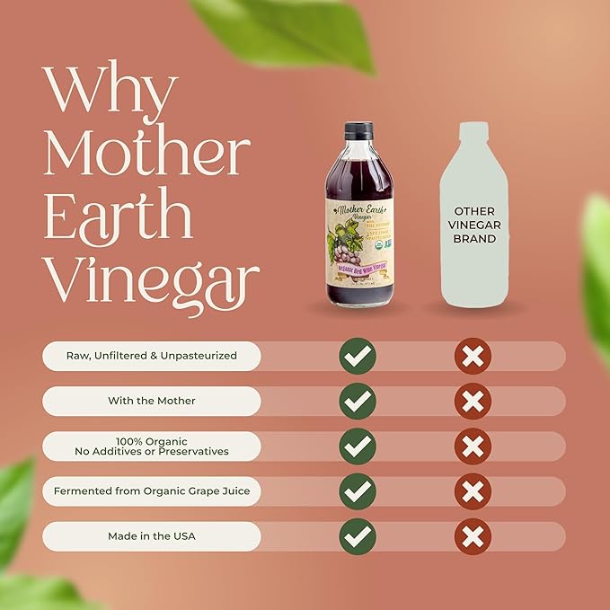 Mother Earth, Organic Red Wine Vinegar with The Mother, Fresh Pressed Organic Cabernet Grapes, ORWV, RWV, Raw, Unpasteurized, Unfiltered (1/32oz Glass Bottle)