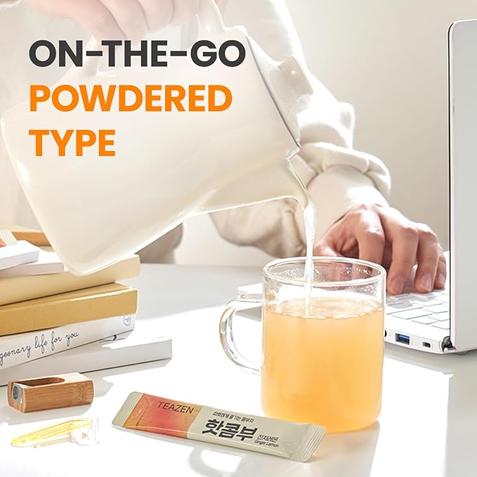 TEAZEN Lemon Ginger Hot Kombucha Tea, Live Probiotics & Postbiotics, Relaxation and Warmth for Colds and Sore Throat, Hydration Drink Mix, Sugar Free, 30 Sticks, 5.29oz