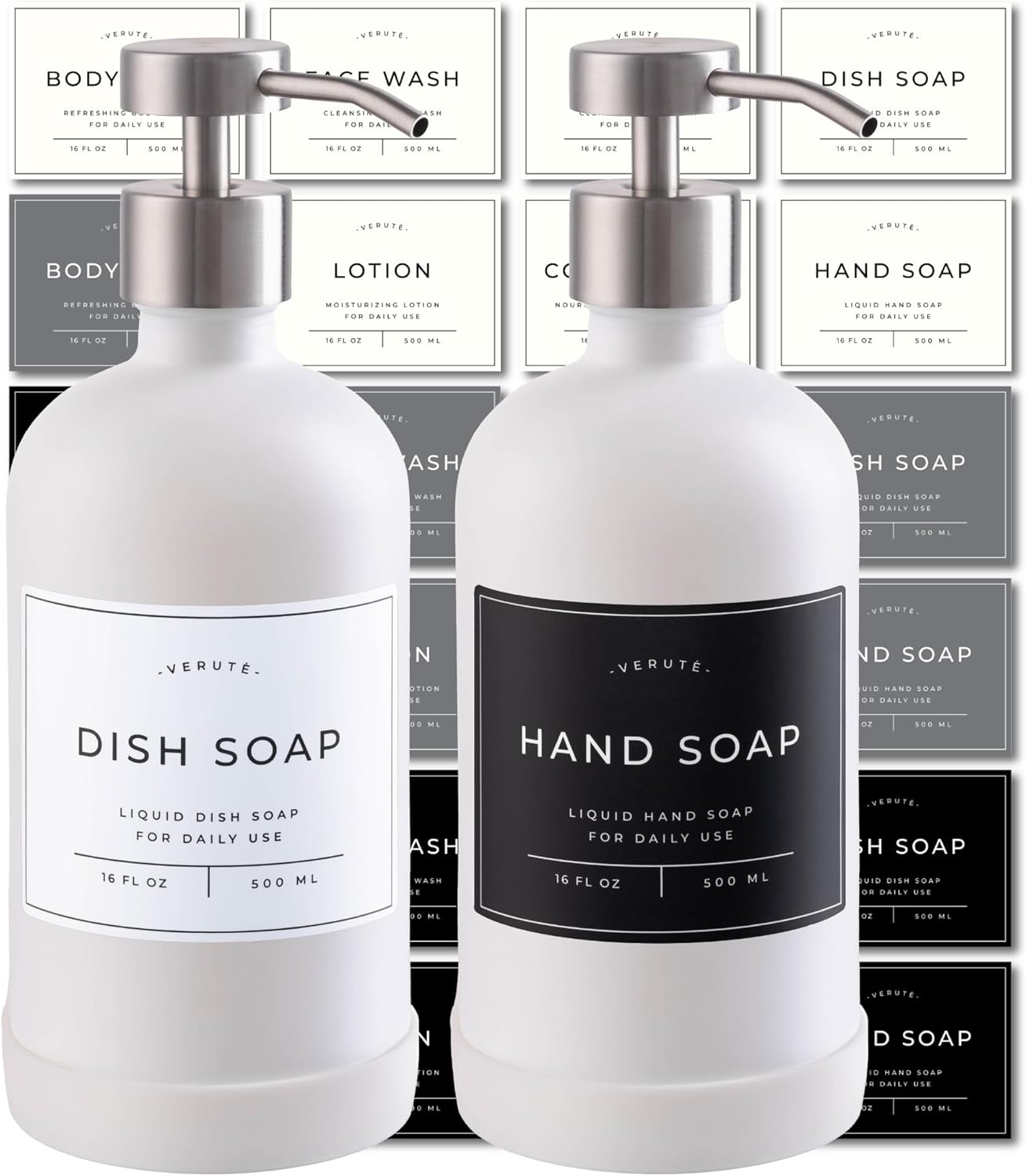 16oz Glass Soap Dispenser with Stainless Steel Pump, 21 Waterproof Labels, Non-Slip Protective Silicone Pad, Set of 2 for Bathroom & Kitchen (Matte White Bottle/Brushed Silver Pump)