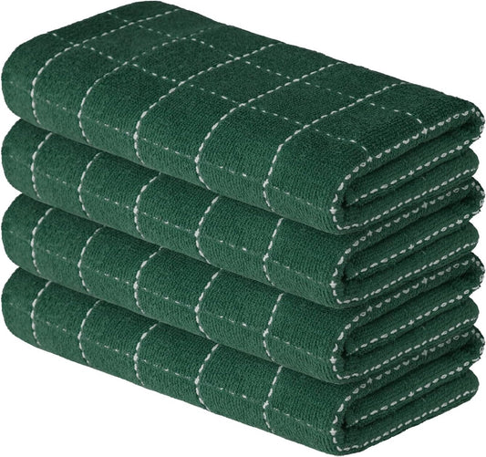 Artoid Mode Checkered Designed Cotton Green Terry Kitchen Dish Towels, 15x25 Inch Soft Absorbent Quick Drying Family Cleaning Tea Towels Set of 4