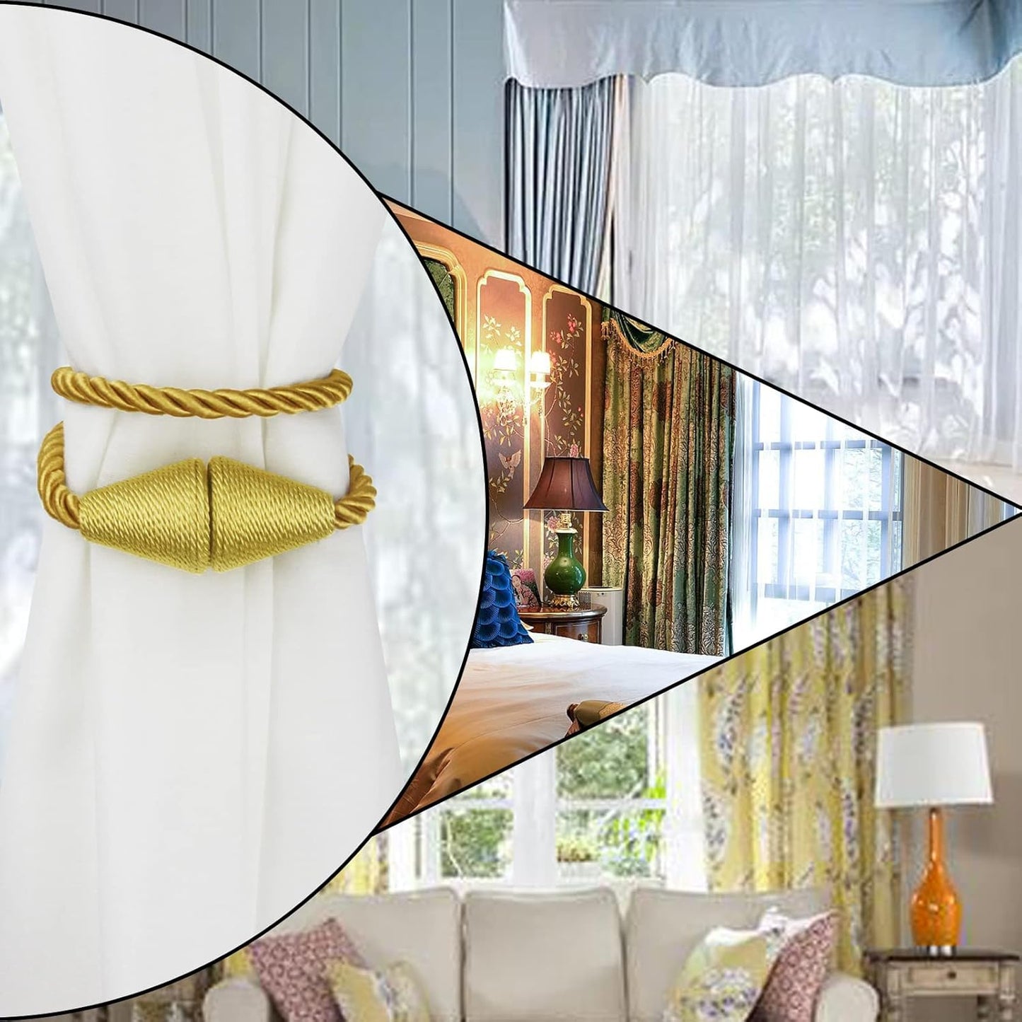 2 Pack Magnetic Curtain Tiebacks Rope Modern Handmade Curtain Tie Backs Decorative Drapes Weave Holdbacks for Window Décor, Gold