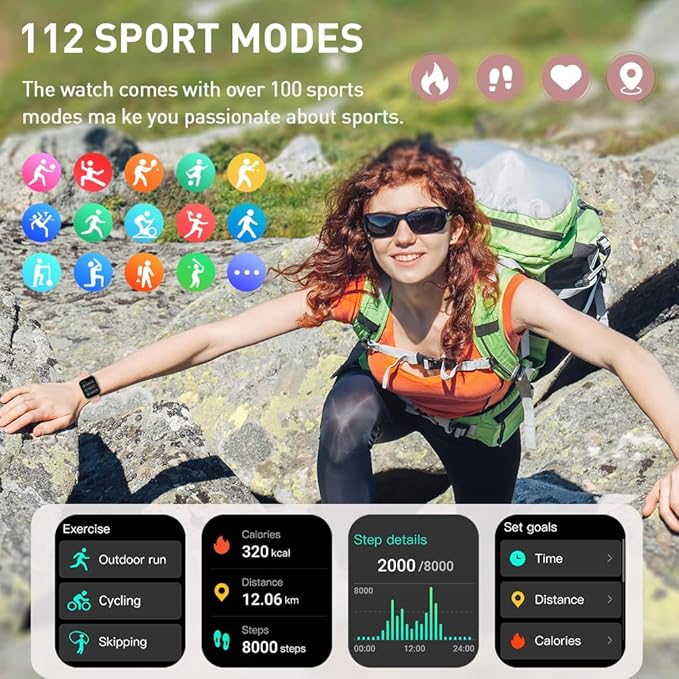 Smart Watch(Answer/Make Call), 1.96" HD Smartwatch for Women, 2025 Fitness Watch with 110+ Sport Modes/Heart Rate/Sleep Monitor/Pedometer, IP68 Waterproof Fitness Activity Tracker for Android iOS Pink
