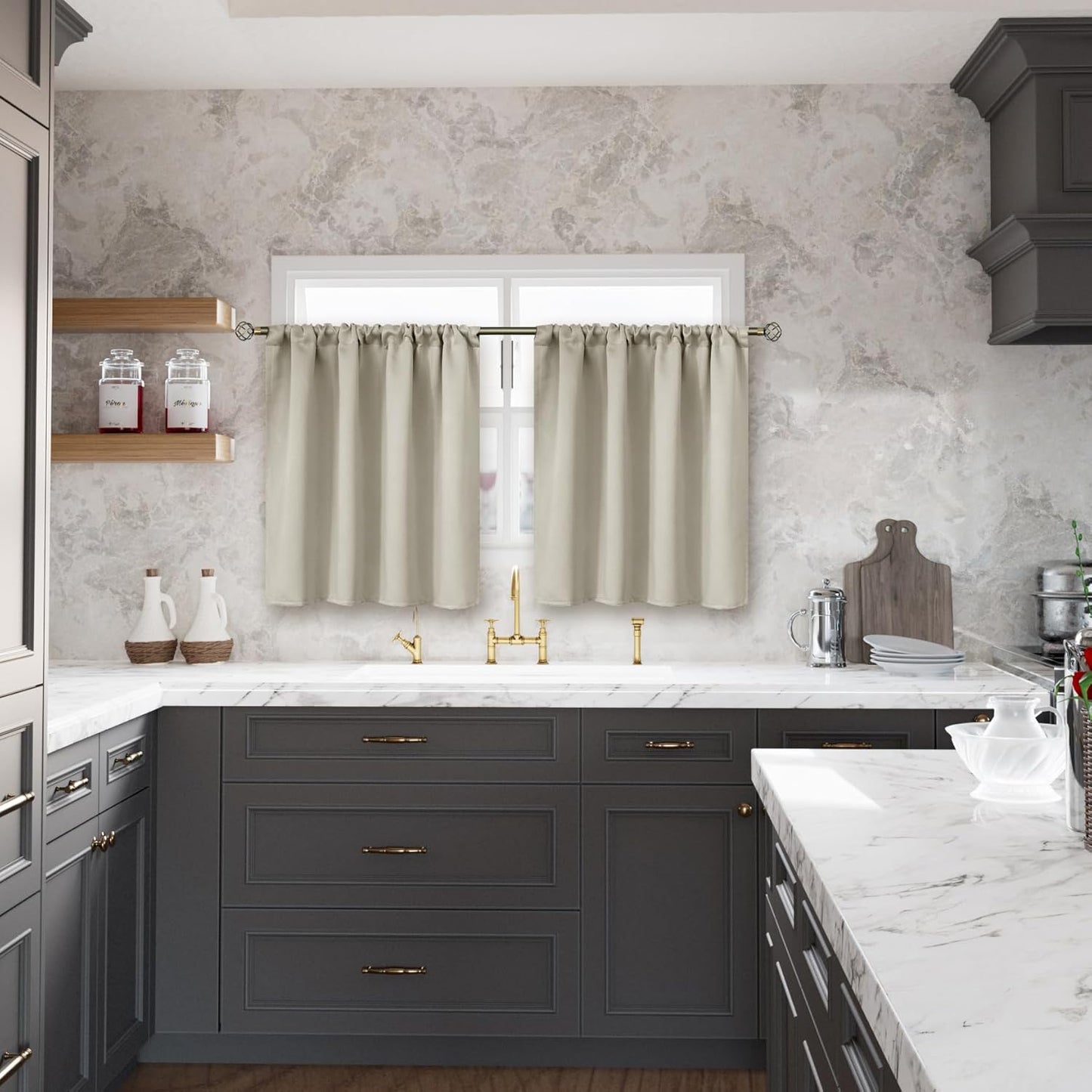 BGment Short Blackout Curtains 36 Inches Length for Basement Kitchen - Rod Pocket Thermal Insulated Room Darkening Window Drapes for Bathroom Camper, Light Camel, 2 Panels, 42 x 36 Inch