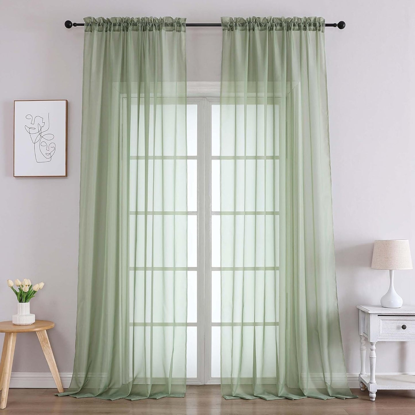 Chyhomenyc Extra Long Sage Green Sheer Curtains 108 Inches Long 2 Panels, Light Filtering Green Curtains for Living Room, Soft Gentle Voile Rod Pocket Bedroom Window Drapes, 59Wx108L Inch, 9FT, 2PCS