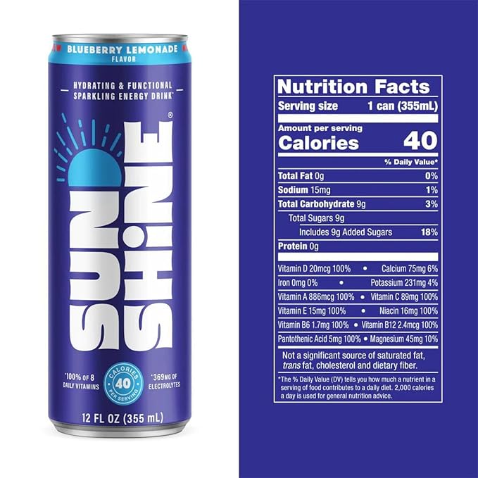 Sunshine Sparkling Energy Drink, Variety Pack with Daily Essential Vitamins, 360mg of Electrolytes, 70mg of Natural Caffeine, 12 Fl Oz (Pack of 12)