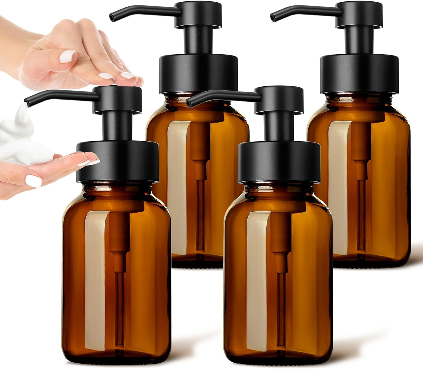 GMISUN Foaming Soap Dispenser, 4 Pcs 8.5 Fl oz Amber Glass Foam Hand Soap Dispenser for Bathroom & Kitchen, Refillable Hand Soap Foam Dispensers, Modern Amber Glass Pump Bottle with Waterproof Labels