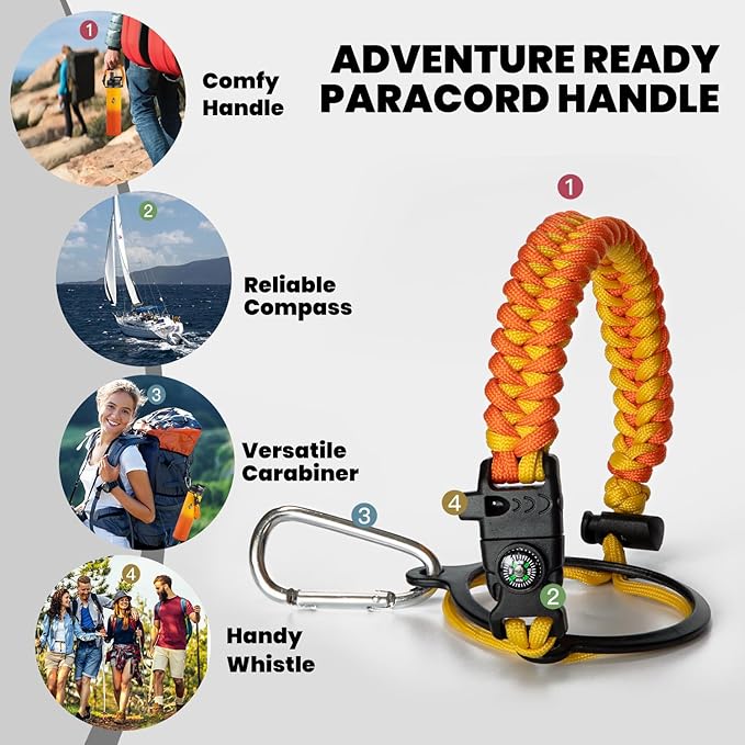 Insulated Water Bottle 24oz, Triple Wall Vacuum Stainless Steel (Cold for 48 Hrs, Hot for 24Hrs), Leak Proof & Non-BPA, 24oz Hydro Water Flask with Paracord Handle & Straw Spout Lids