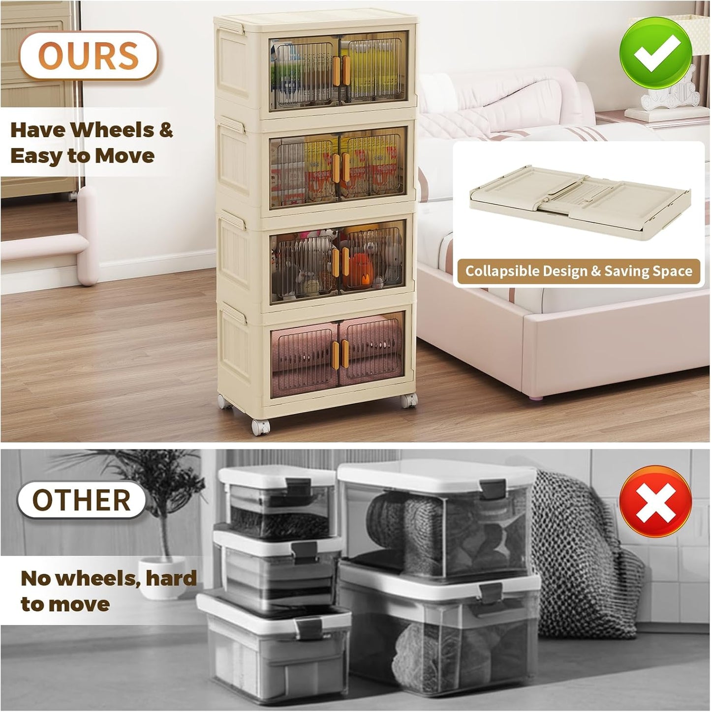 28 Qt Plastic Storage Bins with Lid, Collapsible Closet Organizer and Storage Drawers, Stackable Storage Containers with Wheels, Clothes Storage Cabinet Home Organization, 4Pack