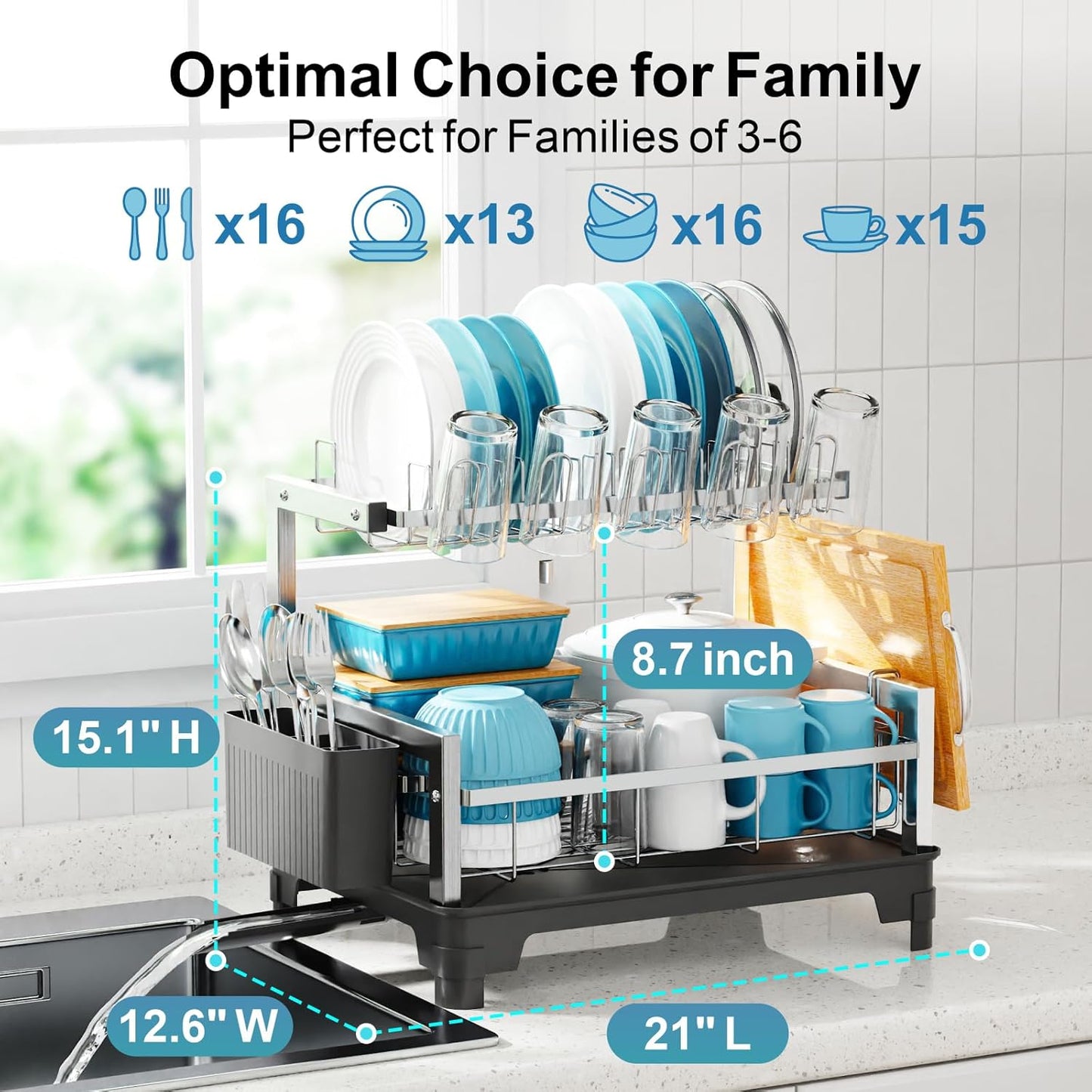 GSlife Dish Drying Rack for Kitchen Counter - Stainless Steel 2 Tier Dish Drainer with Cutting Board, Cup Holder and Utensil Holder, Auto Drain, 21" L x 12.6" W, Silver