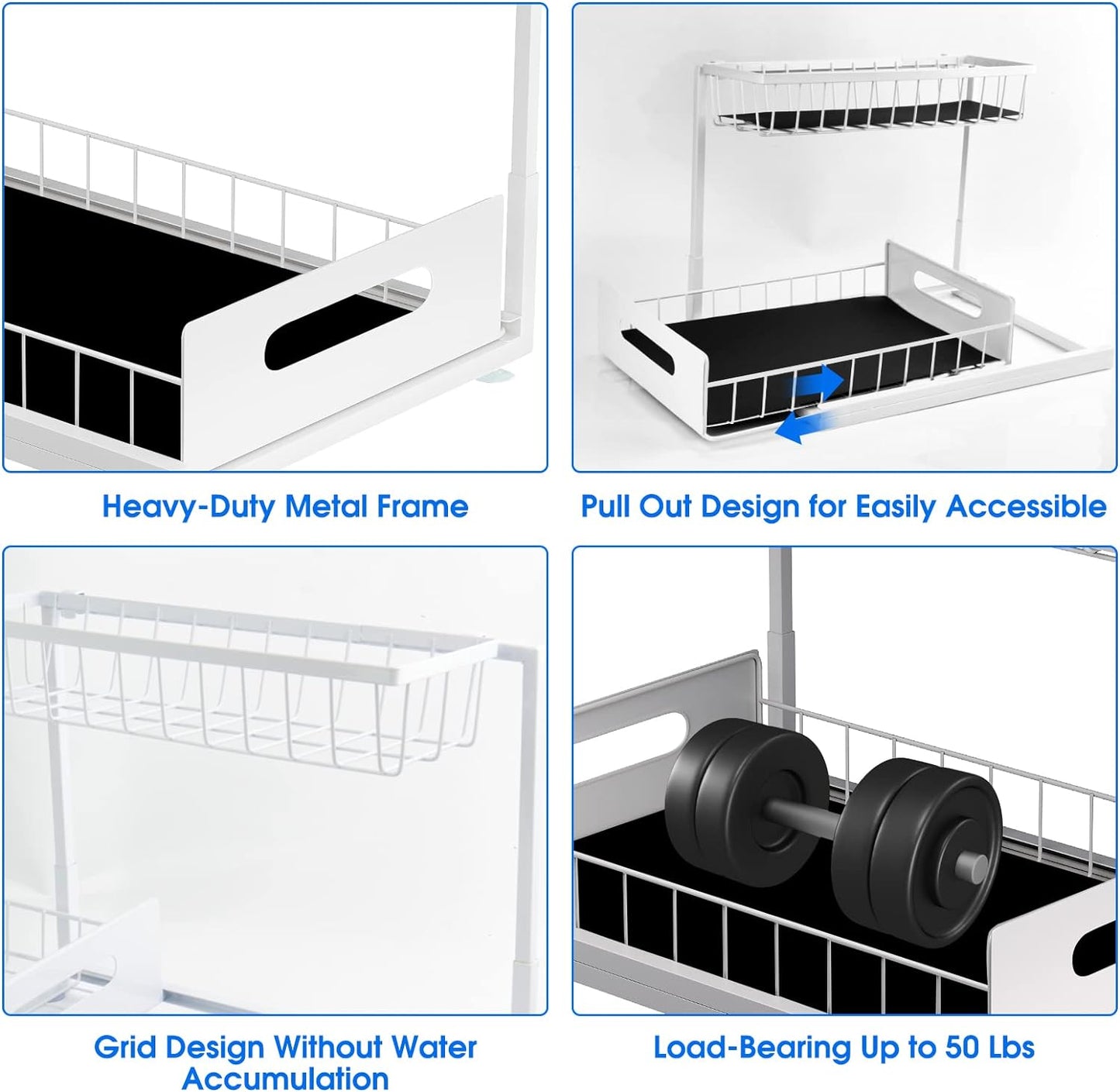 2 Pack Under Sink Organizer, 2 Tier Under Sink Organizers and Storage Multi-Purpose Under Sink Storage for Bathroom Kitchen (White)