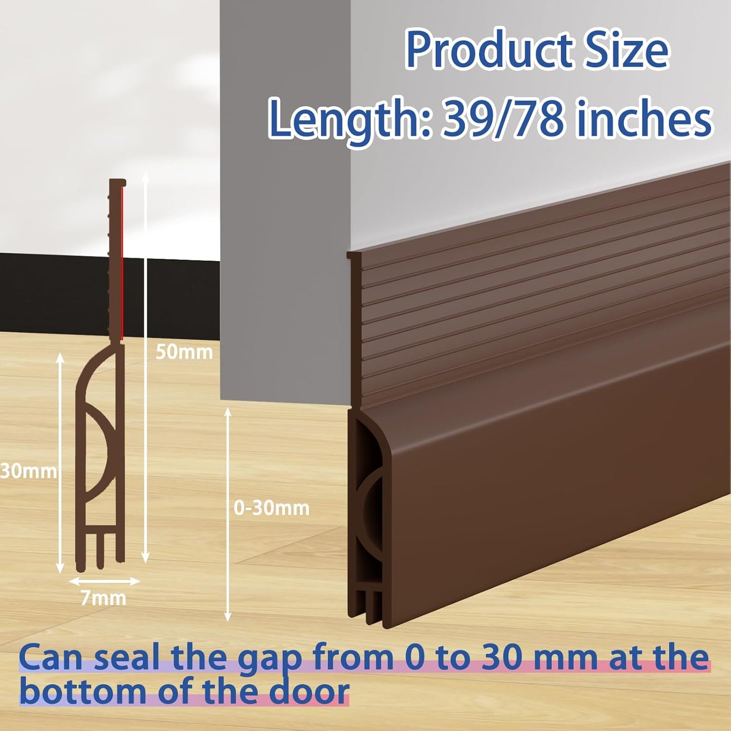Under Door Draft Stopper, Self-Adhesive Door Sweep for Bottom of Door, Weather Stripping Doors Seal Soundproofing Insulation Strip, Doors Bottom Gap Blocker for Exterior/Interior (2M, Brown)